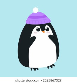 Girl penguin with purple hat on blue background. Cute flat penguin design for cards, greeting cards and children's illustrations in flat style