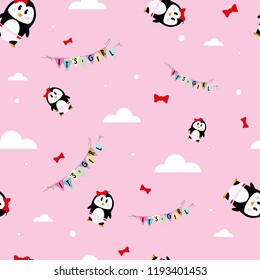 It's a girl penguin seamless pattern on cloudy background