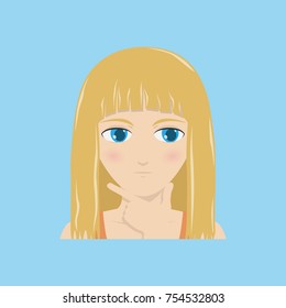 A girl with a pensive face holds a hand against her chin. Vector illustration.