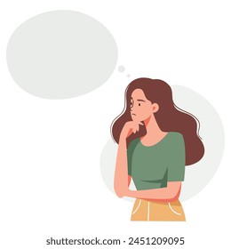 A girl in a pensive pose, thinking about something. A speech bubble for your text. Flat vector illustration on white background 