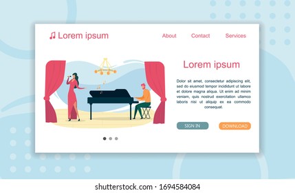 Girl Perform on Stage with Musical Composition. Singing Course Webpage. Girl in Elegant Dress Sing Song with Piano Music. There Beautiful Curtain, Chandelier and Concert Grand Piano on Stage.