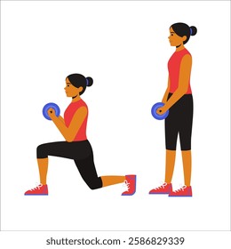 girl performing Dumbbell Lunges with proper form and control. The animation showcases her stepping forward into a lunge position while holding dumbbells, emphasizing balance, strength, and stability.