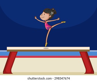 Girl Performing Gymnastics On A Board, Balance Beam