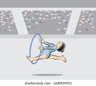 Girl performing her gymnastic routine on floor, using a hoop while jumping stretching her legs. Conceptual image of gymnastics with hoops. Cartoon style vector illustration. Available in EPS 10.