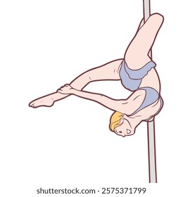 A girl performing impressive pole dance move, showcasing flexibility and strength