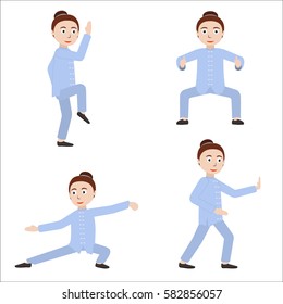 Girl performing qigong or taijiquan excercises. Woman practicing Tai Chi. Flat style. Vector illustration.