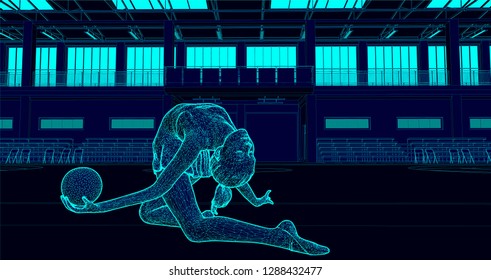 girl performing rhythmic gymnastics ball routine at a big gymnasium. the character and the environment are two different objects so that can also be used separately