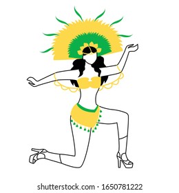 Girl performing samba flat silhouette vector illustration. Traditional fest. Carnaval wear. Dancing woman 2D isolated outline character on white background. Latino lady on heels simple style drawing