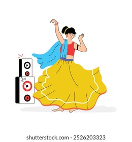 A girl performing traditional dance, classic dancer flat illustration