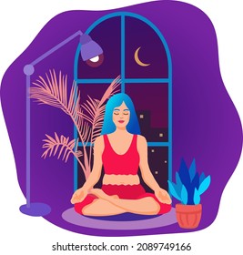 Girl performing yoga at home. Young woman doing meditation practice. Vivid vector illustration in flat style.