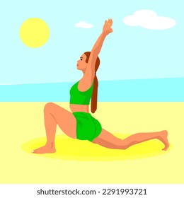 The girl performs an exercise - a low lunge.