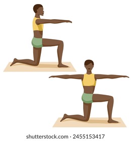 A girl performs an exercise to open her chest. This workout is useful for kyphotic posture. Woman workout educational scheme for physiotherapist, brochure, app, web. Vector illustration.