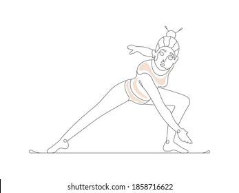 Girl performs physical exercise line art. Vector illustration of a sportive woman doing fitness isolated on white background