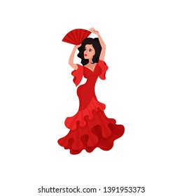 Girl performs the Spanish traditional flamenco dance. Vector illustration.