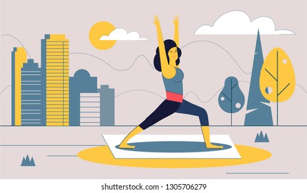 The girl performs sports exercises in the city Park. Healthy lifestyle in the big city. Urban landscape. Vector illustration.