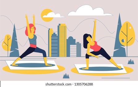 The girl performs sports exercises in the city Park. Healthy lifestyle in the big city. Urban landscape. Vector illustration.