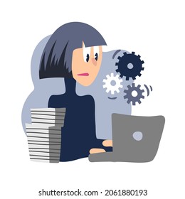 Das Mädchen führt die Arbeit mechanisch durch. Der Angestellte arbeitet automatisch. Systematische und konsequente Maßnahmen am Arbeitsplatz. Flaches Illustrationsstil