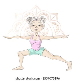 Girl performs yoga pose virabhadra, background with abstract flower. Vector illustration of beautiful cartoon woman.