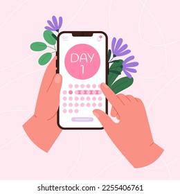 Girl period calendar app in smartphone. Pregnancy planning, menstrual and ovulation circle. Digital menstruation monitoring racy vector concept