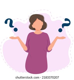 A girl in perplexity.The girl is puzzled and does not know the right answer. Problem solving and choice. A thoughtful character. The complexity of the choice. Vector illustration