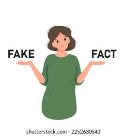 A girl in perplexity. The girl is puzzled and does not know the right answer and trying to choose between fake and fact. Problem solving and choice. A thoughtful character. 