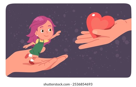 Girl person reaching for hand giving heart, love. Hands holding smiling kid and giving support, care, help. Kindness, empathy, hope, connection, compassion concept background vector illustration