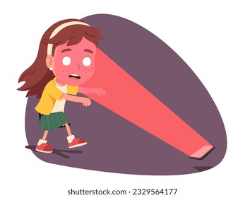 Girl person with smartphone addiction. Addicted kid attracted by glowing mobile cell phone screen like zombie. Internet communication and cellphone addict problem concept flat vector illustration