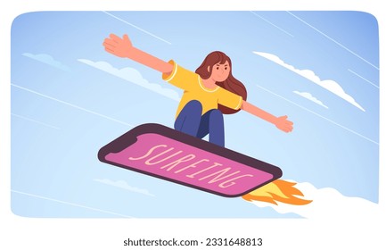 Girl person surfing Internet flying on smartphone. Young user woman riding mobile cell phone flying fast, browsing online. Communication technology, cyberspace concept flat vector illustration