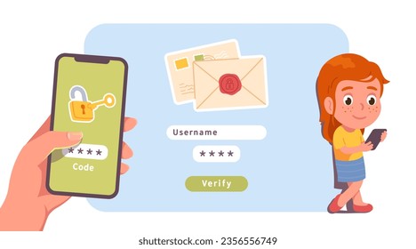 Niña que usa el acceso, código de contraseña OTP para 2FA. Usuario secundario verifica la cuenta a través de los pasos de autenticación de dos factores del teléfono móvil. Identificación segura, concepto de privacidad de acceso e ilustración vectorial plana
