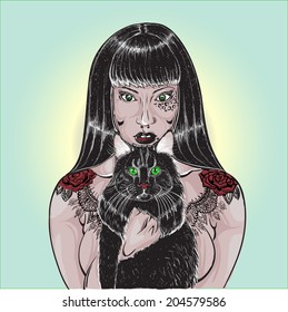 girl with pet cat