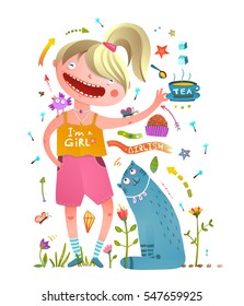 Girl and pet cat drinking tea girlish design elements. Teenager kid and animals tea party signs collection. Vector illustration.