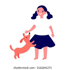 Girl With A Pet Dog Flat Vector Illustration. Grandma, Grandpa, Mom, Dad, Children, And Pet. Smiling Cartoon Character