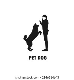 Girl and pet dog playing simple black vector silhouette illustration.