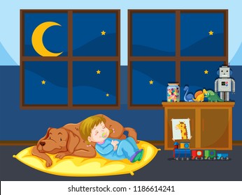 Girl and pet dog sleeping illustration