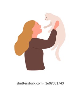 Girl with pet flat vector illustration. Kindness, goodness, animal care, playing with cat. Home leisure, entertainment concept. Young woman holding four-legged friend cartoon character.