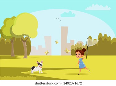 Girl With Pet Playing In Park Vector Illustration. Child Catching Butterflies With Net Cartoon Character. Cheerful Kid With French Bulldog Outdoor. Summer Holiday Leisure, Pastime. Happy Childhood