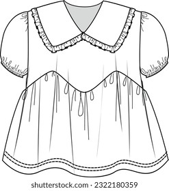 girl peter pan collar,piping tie detail dress flat sketch,fashion vector	
