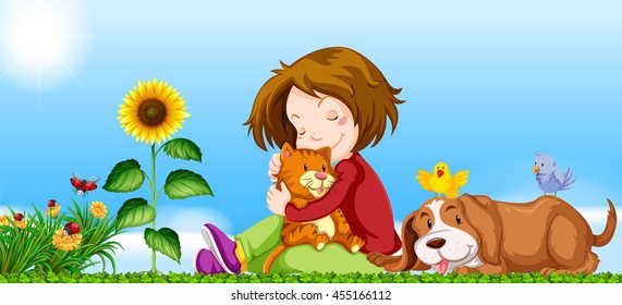 Girl and pets in the garden illustration
