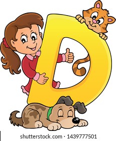 Girl and pets with letter D - eps10 vector illustration.