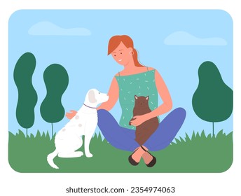 Girl with pets outdoor game. Cat and puppy friends, domestic animals vector illustration