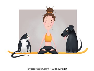 Girl with pets. Yoga time. Vector illustration, cartoon, character design