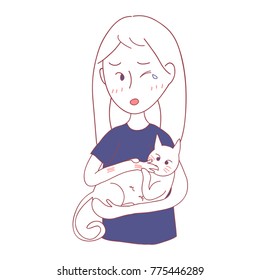 Girl Petting Cat and was Bited by him. Vector illustration. isolated on White Background.
