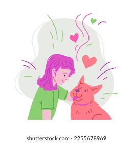 Girl petting dog, cartoon flat vector illustration isolated on white background. Happy child cuddling with furry dog. Concepts of pet owning, animal shelter and adoption.