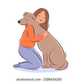 Girl petting dog. Domestic animals and owners. Friendship with animals. Pet adoption. Vector illustration