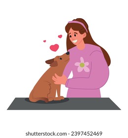 girl petting a dog, pet adoption concept. Child petting domestic animal. Flat style vector illustration isolated on white background