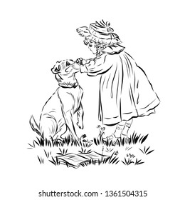 Girl petting a dog. Walk in the park. Open book lies on the grass. Lady in vintage style from the nineteenth century. Coloring page.