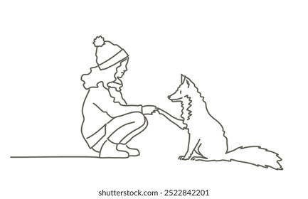 Girl is petting a fox. The girl is wearing a hat and a coat. The fox is sitting on the ground. Hand drawn vector illustration. Black and white.