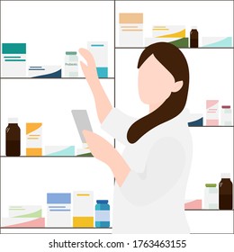 Girl pharmacist is looking for a cure. Vector image, eps 10