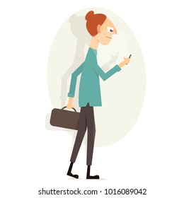 Girl with phone. Cartoon character funny and comic style.