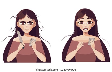 The girl with the phone. Emotions. Anger and frustration. Vector illustration in cartoon style.